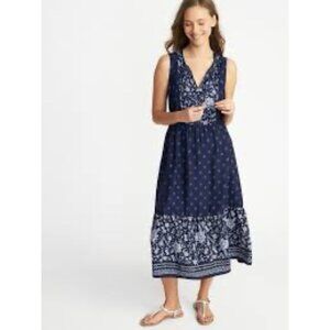 Old Navy Dress Womens XL Navy Blue Floral Cottagecore Boho Sleeveless Midi Rayon